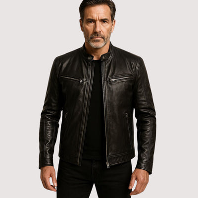 Men’s Classic Leather Jacket – Slim Fit with Zipper Pockets and Stand Collar