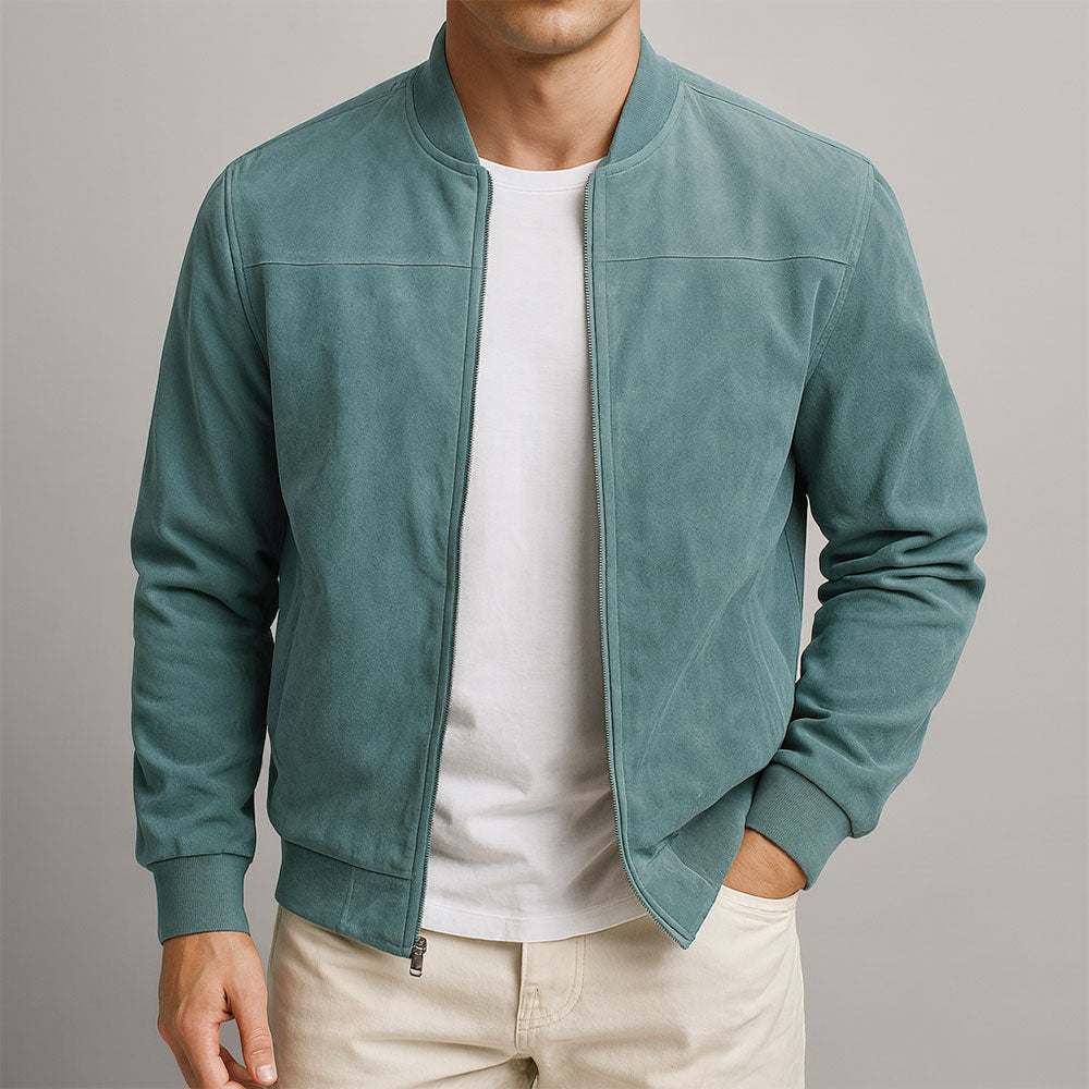 Men’s Suede Bomber Jacket – Soft Texture with Ribbed Hem and Zip Closure