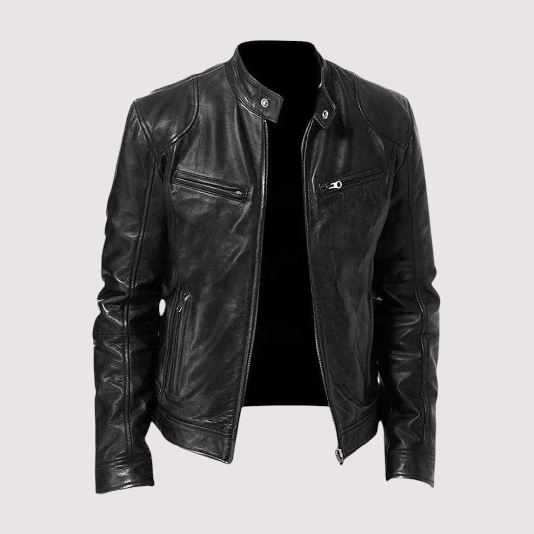 Men’s Classic Leather Jacket – Slim Fit with Zipper Pockets and Stand Collar