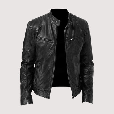 Men’s Classic Leather Jacket – Slim Fit with Zipper Pockets and Stand Collar