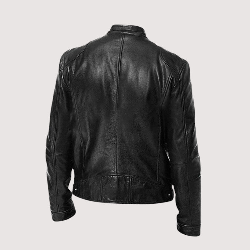 Men’s Classic Leather Jacket – Slim Fit with Zipper Pockets and Stand Collar