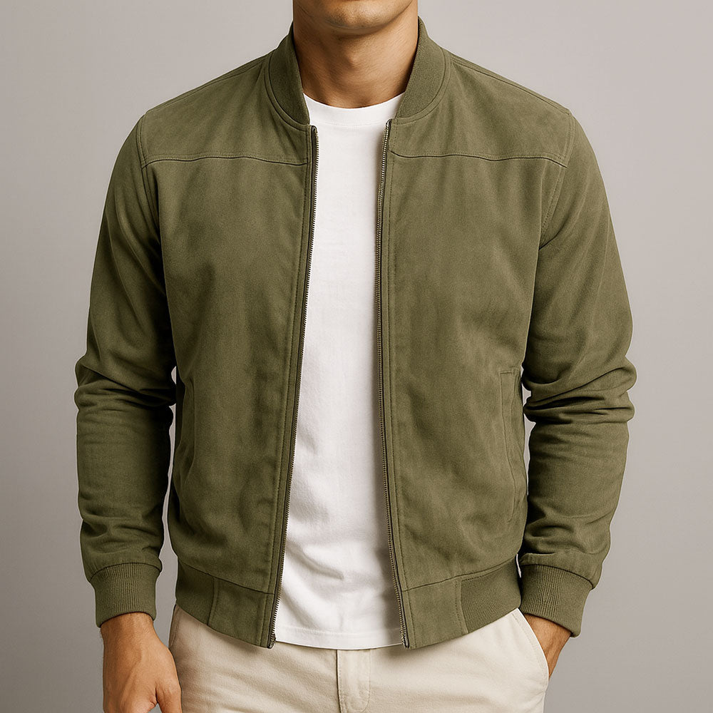 Men’s Suede Bomber Jacket – Soft Texture with Ribbed Hem and Zip Closure