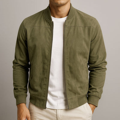 Men’s Suede Bomber Jacket – Soft Texture with Ribbed Hem and Zip Closure