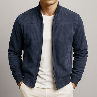 Men’s Suede Bomber Jacket – Soft Texture with Ribbed Hem and Zip Closure