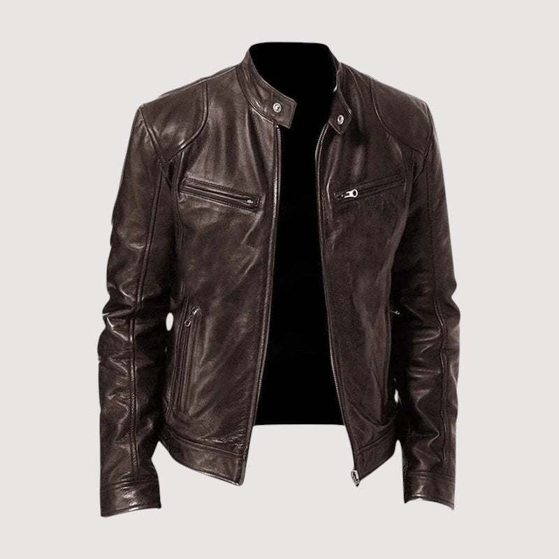 Men’s Classic Leather Jacket – Slim Fit with Zipper Pockets and Stand Collar