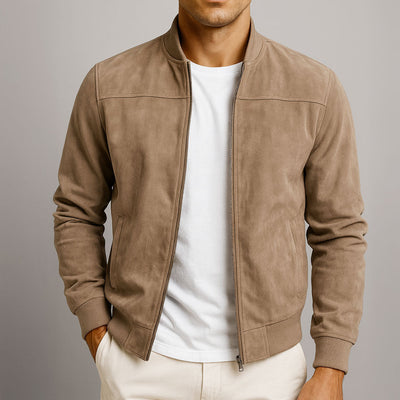 Men’s Suede Bomber Jacket – Soft Texture with Ribbed Hem and Zip Closure