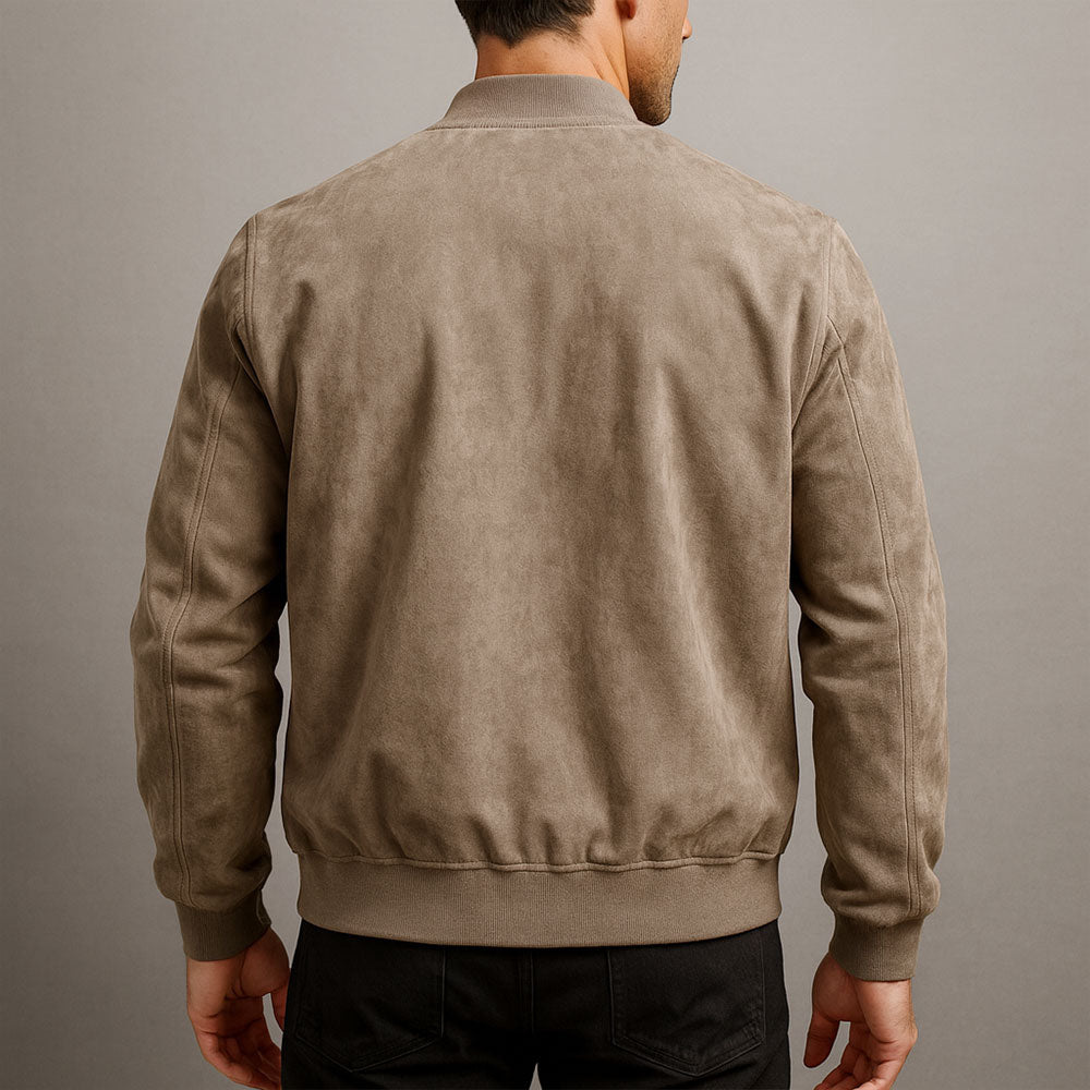 Men’s Suede Bomber Jacket – Soft Texture with Ribbed Hem and Zip Closure