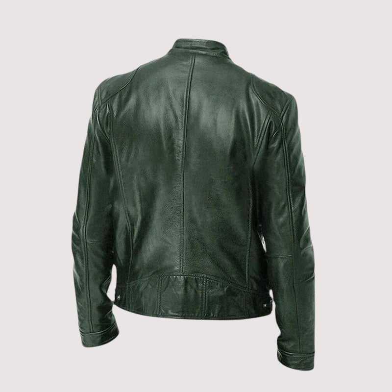Men’s Classic Leather Jacket – Slim Fit with Zipper Pockets and Stand Collar