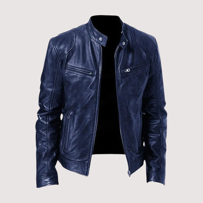 Men’s Classic Leather Jacket – Slim Fit with Zipper Pockets and Stand Collar