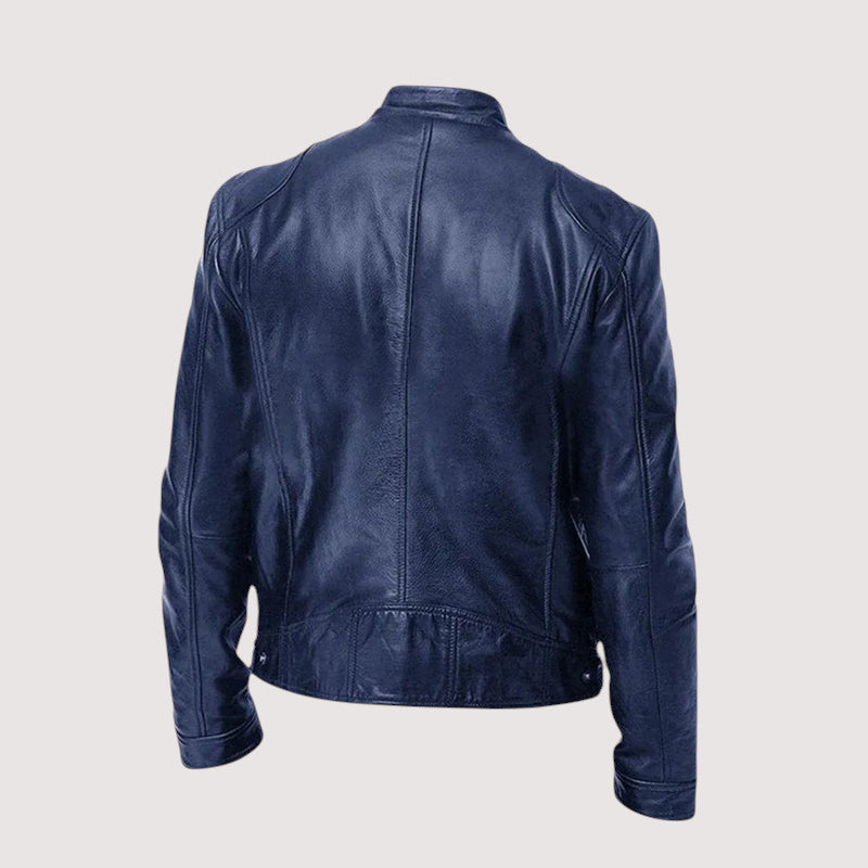 Men’s Classic Leather Jacket – Slim Fit with Zipper Pockets and Stand Collar