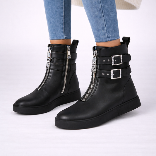 Women’s Zip-Up Ankle Boots – Front Zip Design with Buckle Details