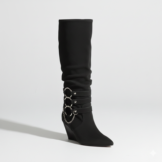 Women’s Knee-High Boots – Slouch Style with Strap and Chain Accents