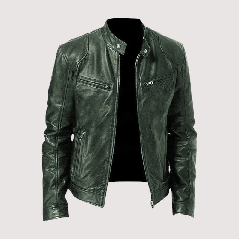 Men’s Classic Leather Jacket – Slim Fit with Zipper Pockets and Stand Collar