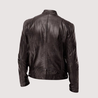 Men’s Classic Leather Jacket – Slim Fit with Zipper Pockets and Stand Collar