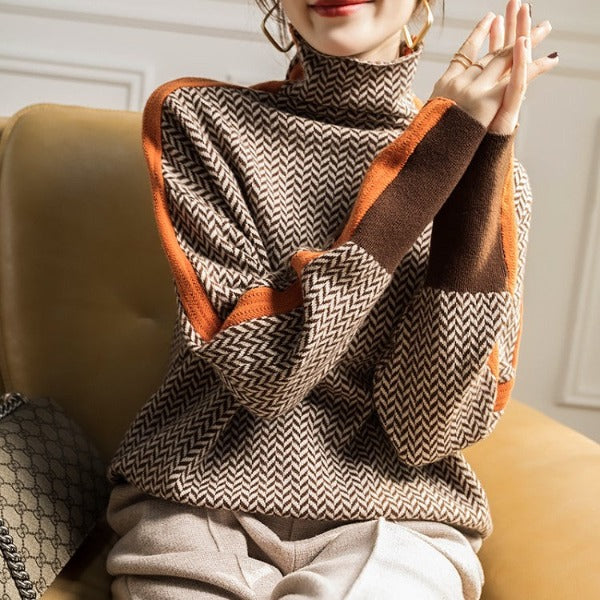 Women’s High Neck Knit Sweater – Geometric Pattern with Contrast Stripes