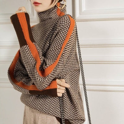 Women’s High Neck Knit Sweater – Geometric Pattern with Contrast Stripes