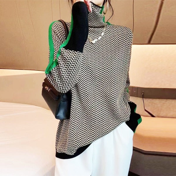Women’s High Neck Knit Sweater – Geometric Pattern with Contrast Stripes