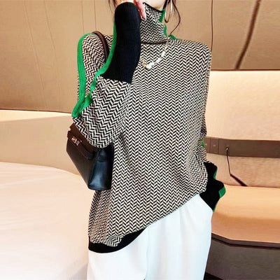 Women’s High Neck Knit Sweater – Geometric Pattern with Contrast Stripes