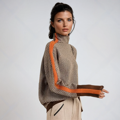 Women’s High Neck Knit Sweater – Geometric Pattern with Contrast Stripes