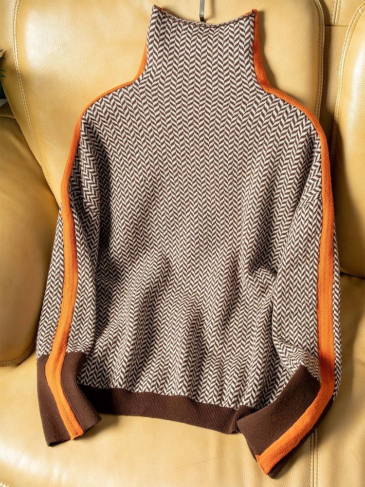 Women’s High Neck Knit Sweater – Geometric Pattern with Contrast Stripes
