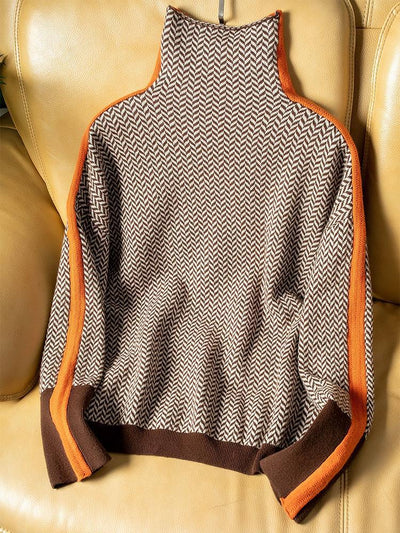 Women’s High Neck Knit Sweater – Geometric Pattern with Contrast Stripes